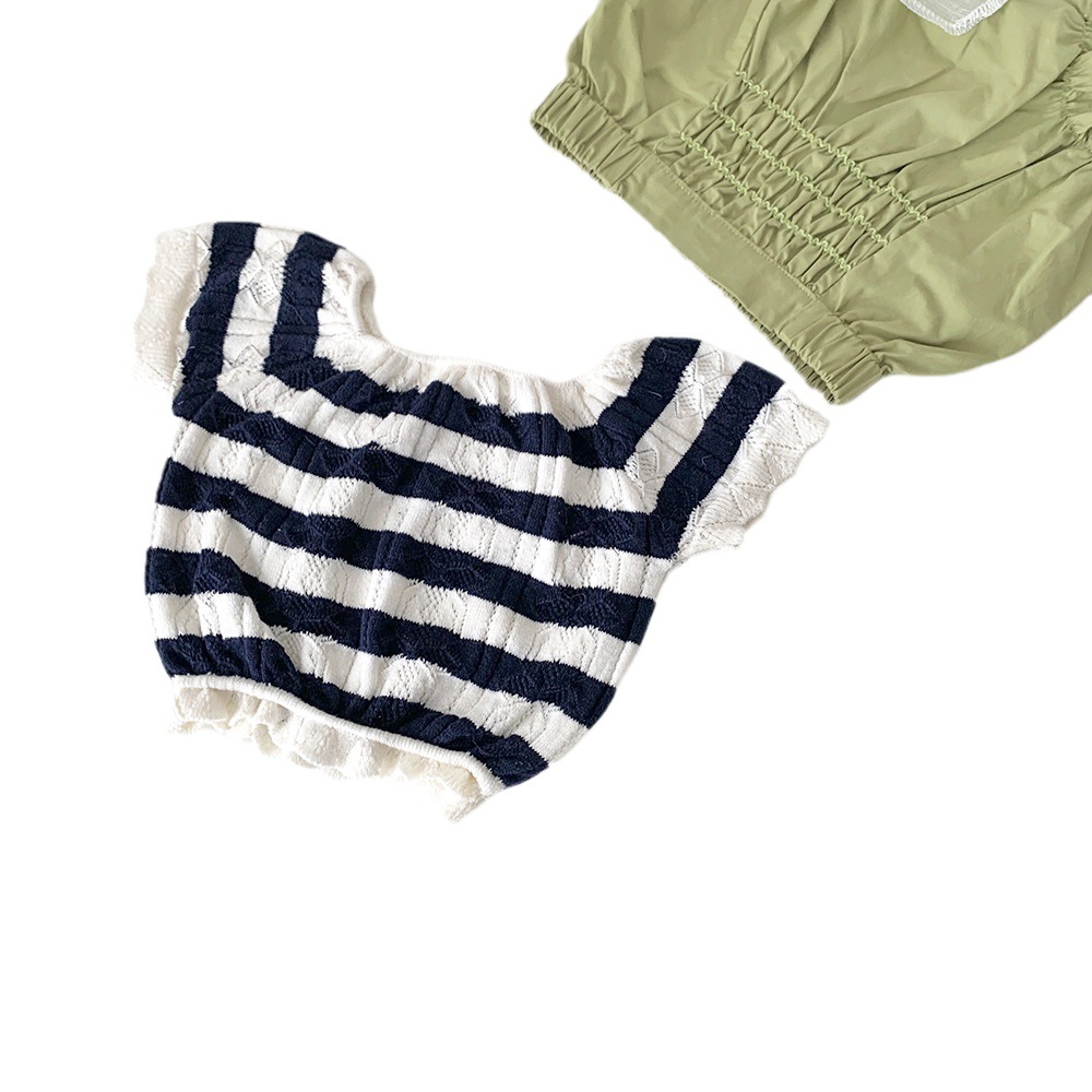 Cutemily summer girls' hollow-out knitted T-shirt contrast color breathable cotton short sleeve round neck lapel T-shirt