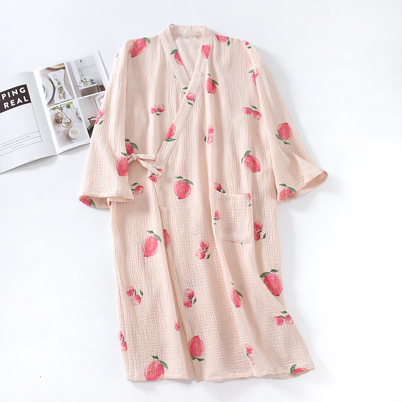 MUJI-style Fresh Japanese Style Pure Cotton Washed Gauze Long Kimono Nightgown Nightgown Cardigan Lace-up Bathrobe Sweatshirt