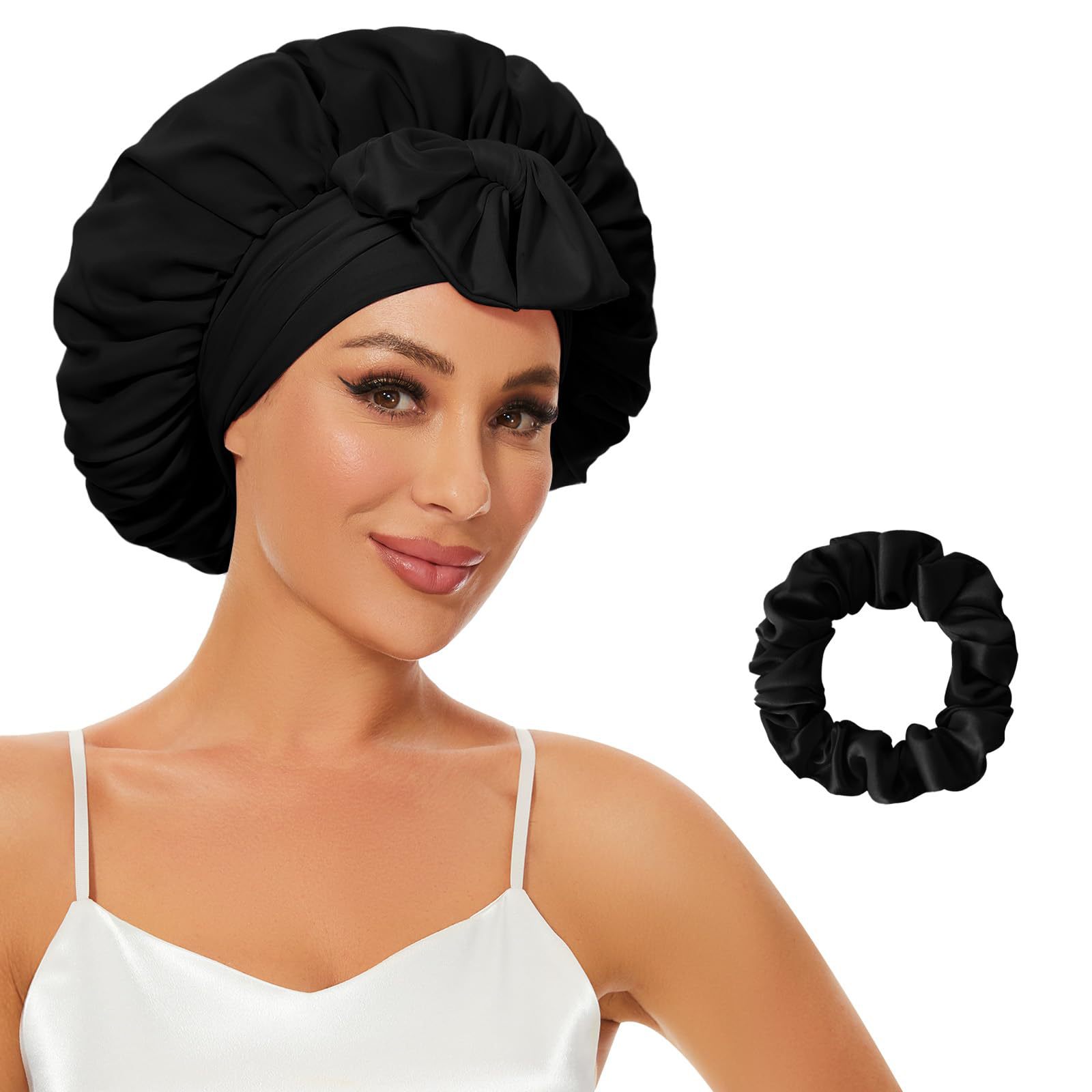 Amazon popular satin ribbon round hat bow artificial silk Beauty Hair Care wide brim hat female headscarf nightcap