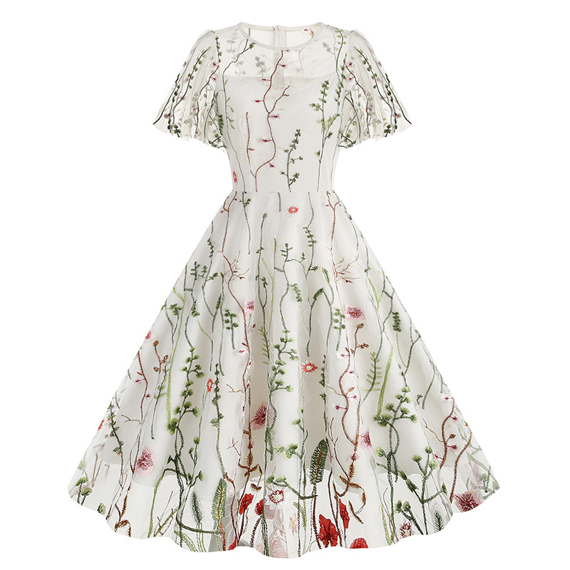Amazon Europe and the United States cross-border round neck short sleeve heavy embroidery dress 50s dress 8235