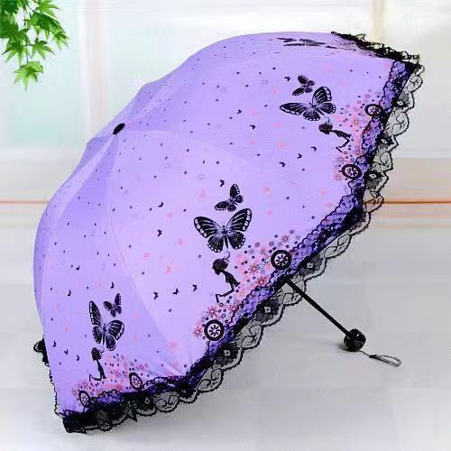 Butterfly Lace Printed Sunshade Umbrella Sunny Umbrella Three-fold Anti-wind Sunscreen Black Rubber Umbrella Factory Outlet