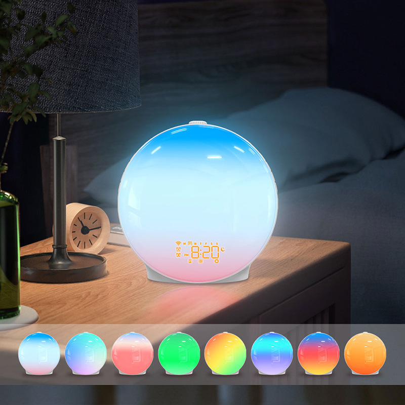 Colorful wake-up light simulation Sunrise Sunset LED electronic alarm clock RGB atmosphere light bedside light white noise Children's light