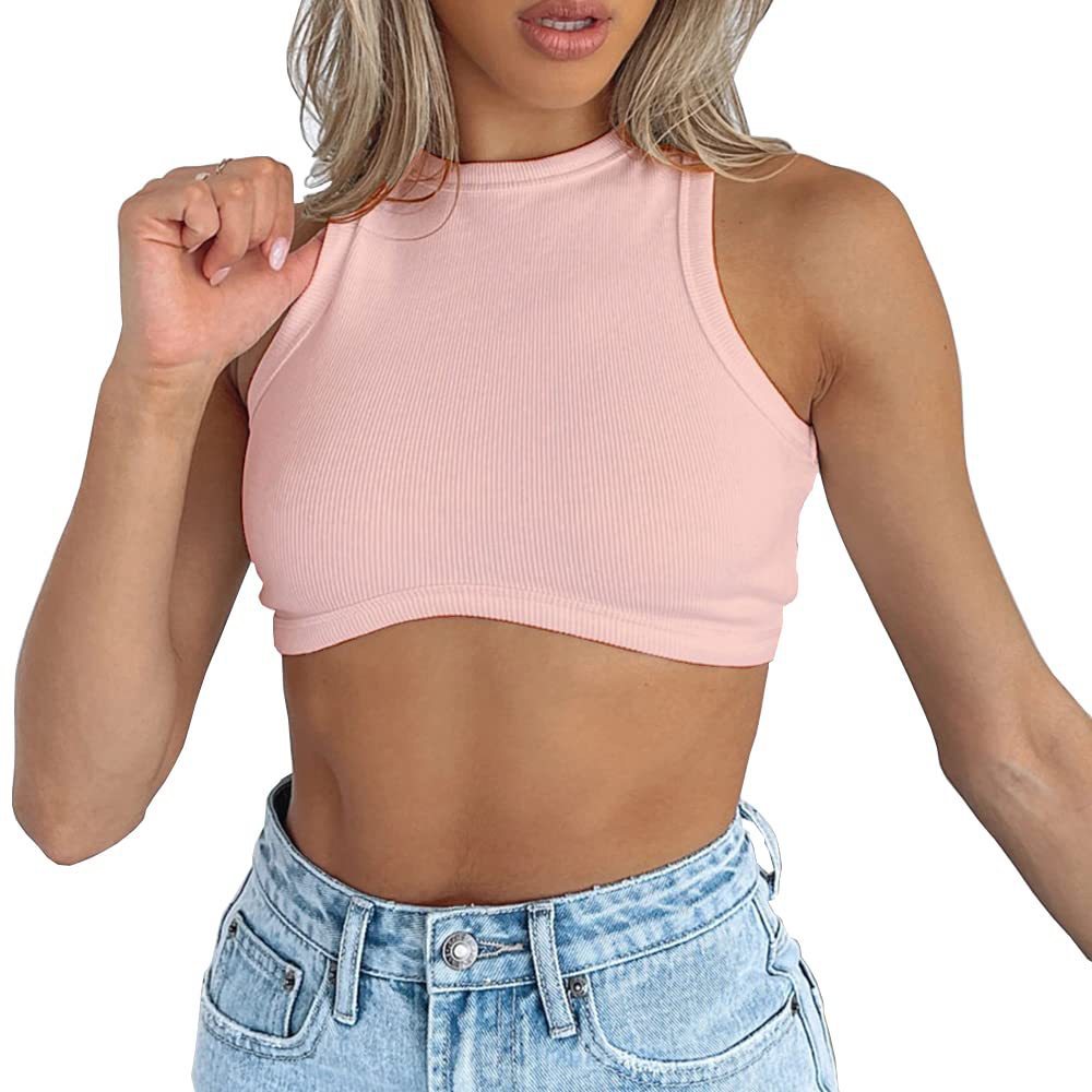 European and American Women's New Amazon Women's Sexy Sleeveless Round Neck Rib Knitted Vest Cropped Top