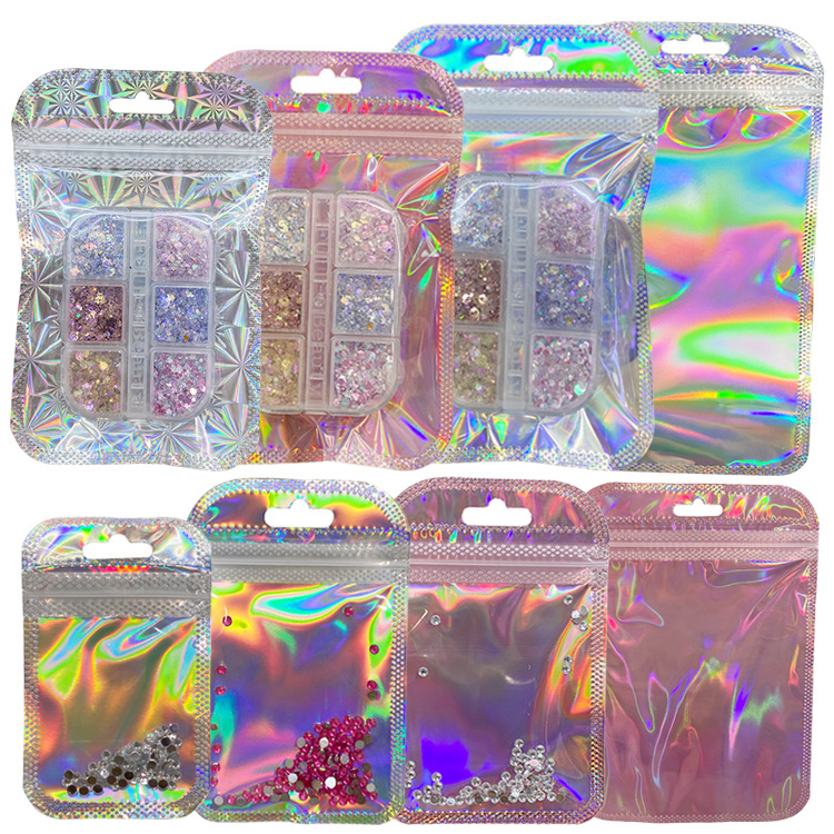 Jewelry packaging bag iridescent iris glitter pink laser self-sealing pocket earrings hair accessories makeup brush plastic bag