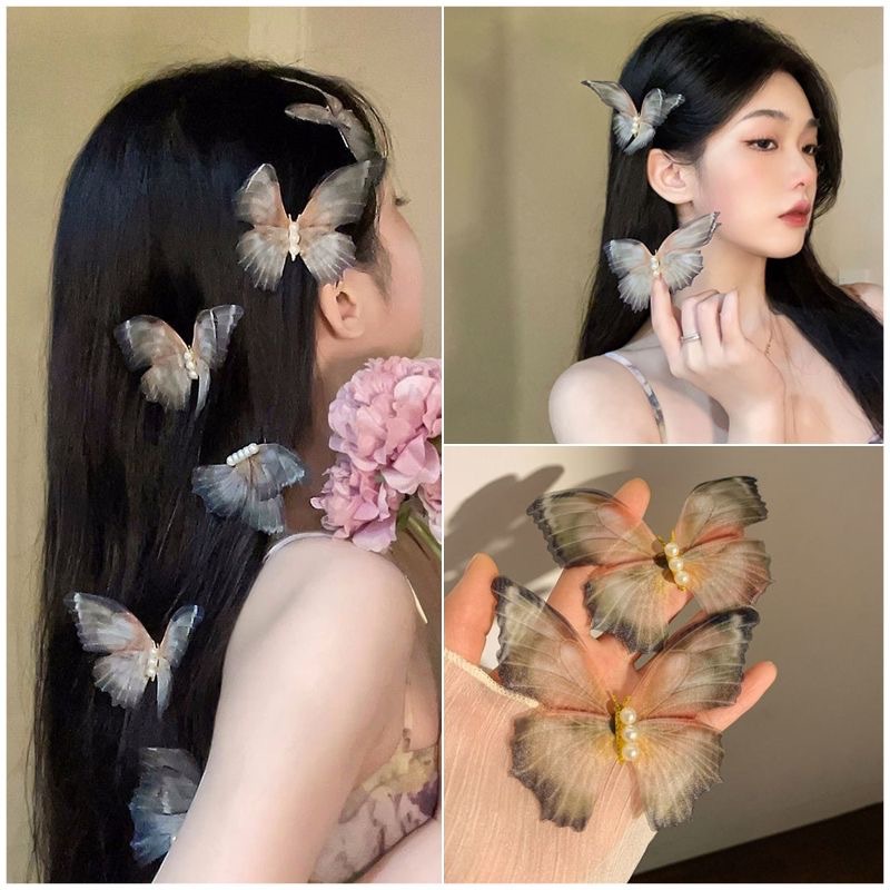 10cm double-layer mesh vintage Super fairy Pearl butterfly hairpin Mori sweet side hairpin headdress selfie decoration