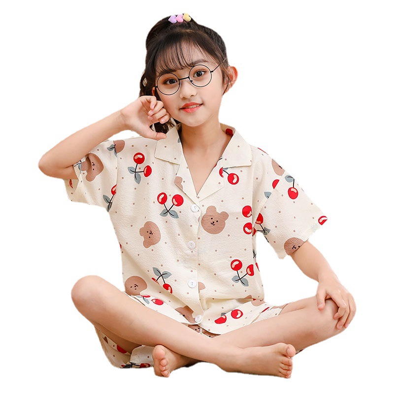 Summer Bubble Crepe Cotton Children's Pajamas Lapel Cardigan Short Sleeve Shorts Cute Sweet Kids Home Clothes