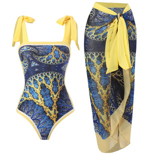 in stock New European and American Vintage Printed Swimwear Women's Conservative Conjoined Set Chiffon Blouse Two-piece Swimwear suit