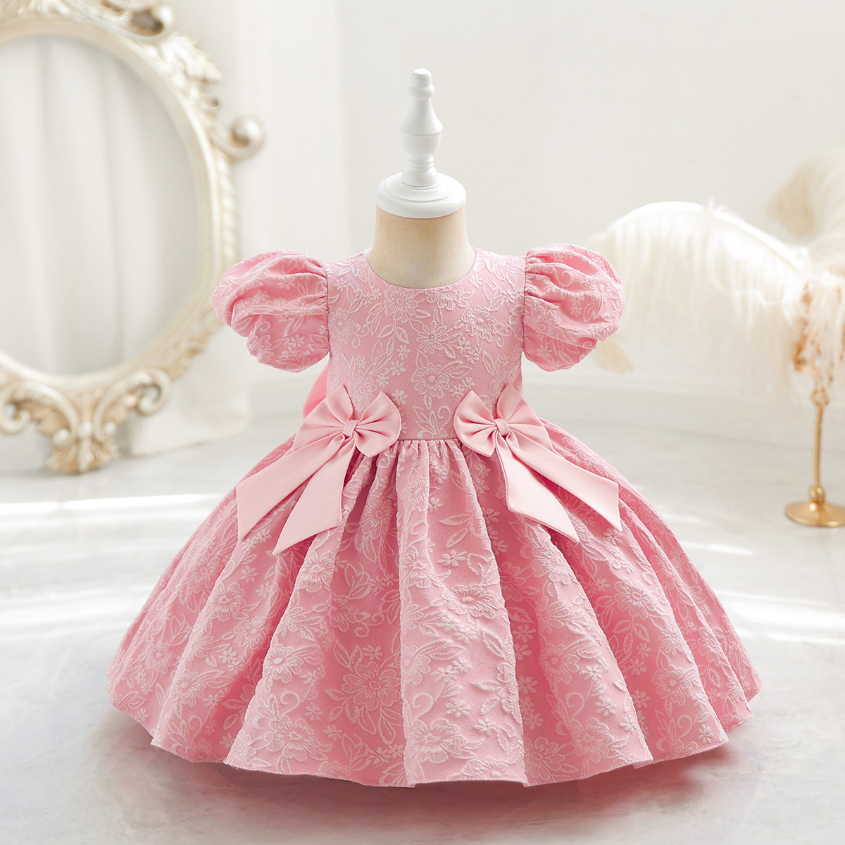 Girls' dress children's princess dress fluffy flower girl embroidery dress bow cross-border little girl performance