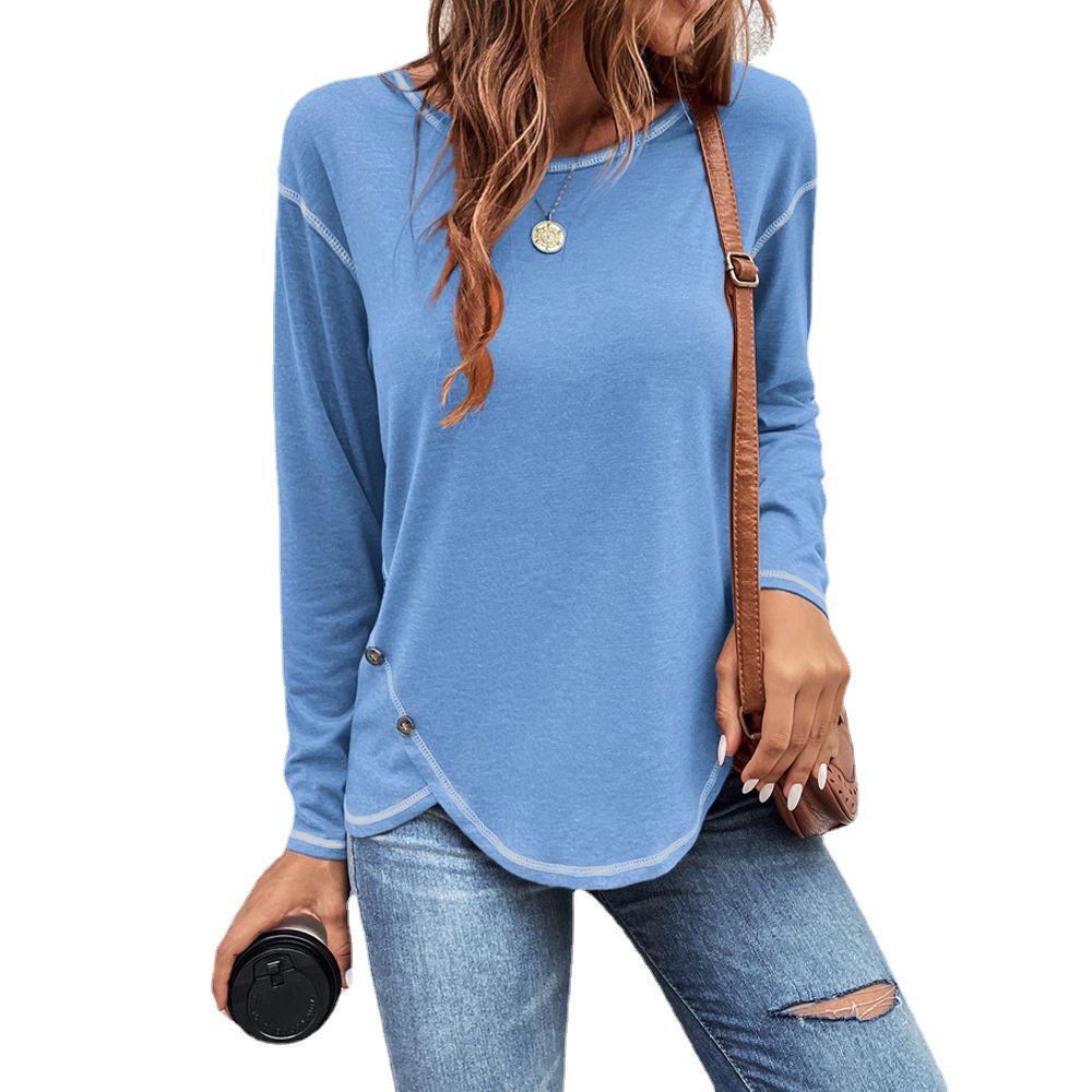 Amazon Independent Station  Autumn and Winter New European and American Clothing Hot Sale Solid Color Button Irregular Side T-shirt