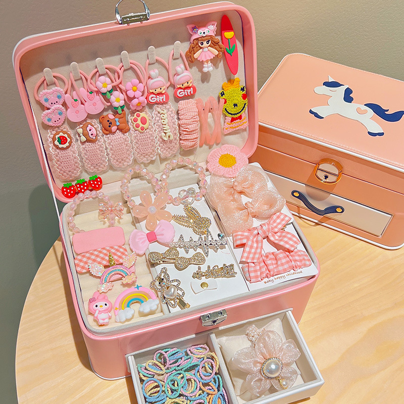 High Beauty Value Princess Children's Hair Accessories Set Gift Box Girl's Head Rope Rubber Tendon Baby's Birthday Gift Hairpin Jewelry Box