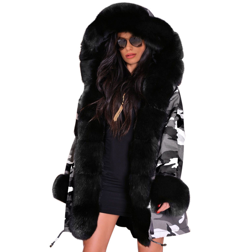 2022 Autumn and Winter New Slim-fit Warm Cotton-padded Coat Women's Camouflage Coat Long Fur Collar Hooded Coat_voghion.com