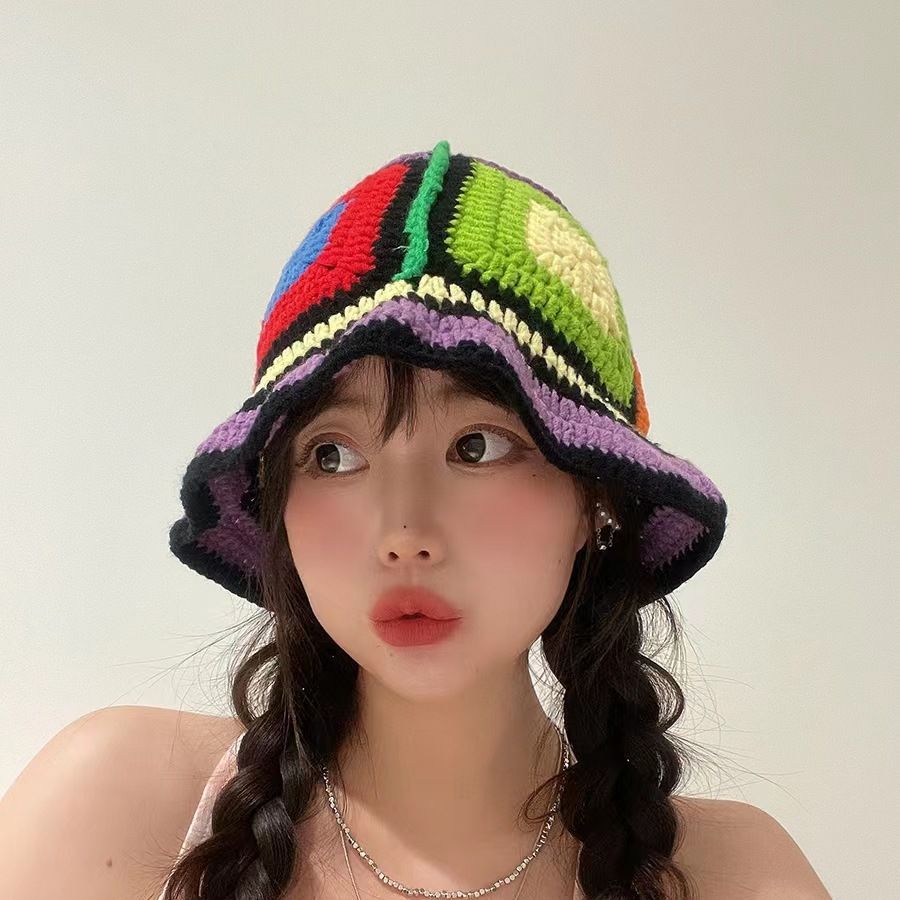 Spring and summer new style Japanese ethnic style colorful hand-knitted fisherman hat for women, sweet and versatile, small color-blocked basin hat that shows face