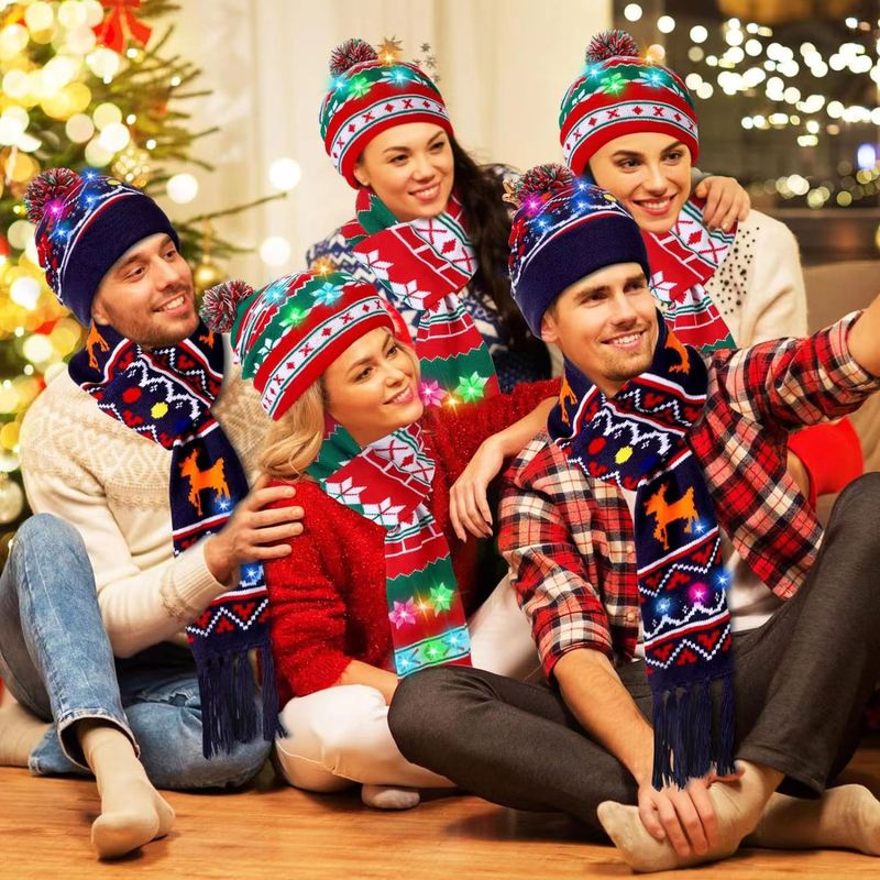 2023新品ジャカードled発光クリスマス帽子マフラーセット秋冬祭り柄多色ジャカード現物|undefined