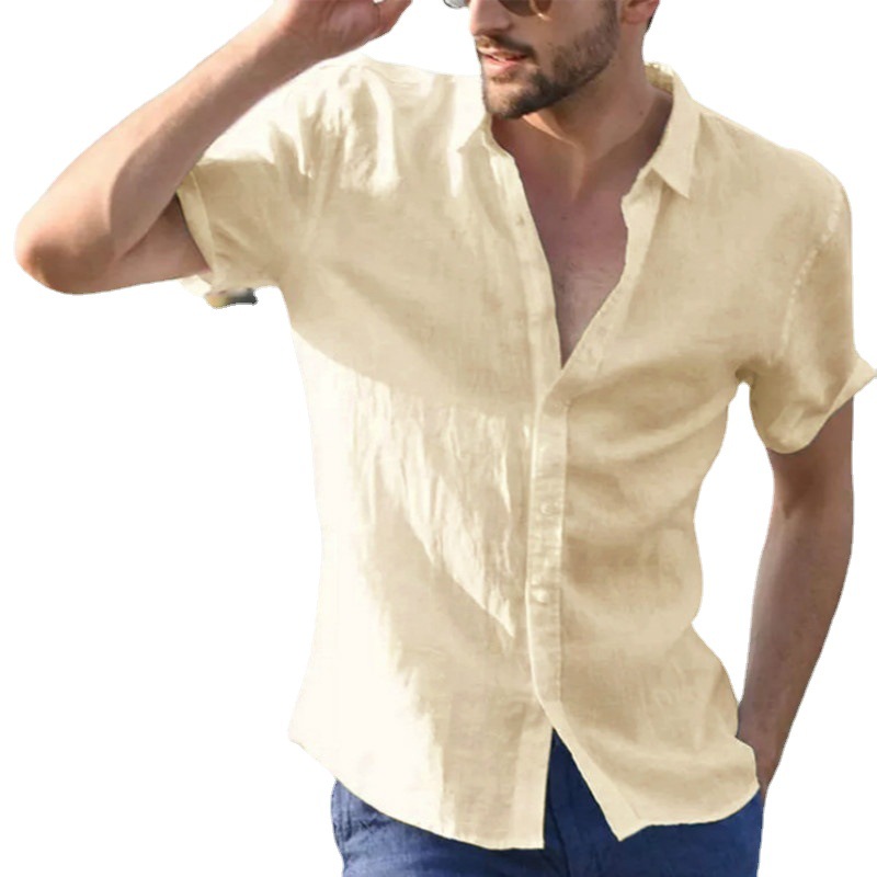 Men's Foreign Trade Summer New Cross-border Men's Solid Color Casual Short-sleeved Lapel Single-breasted Cardigan Shirt for Men