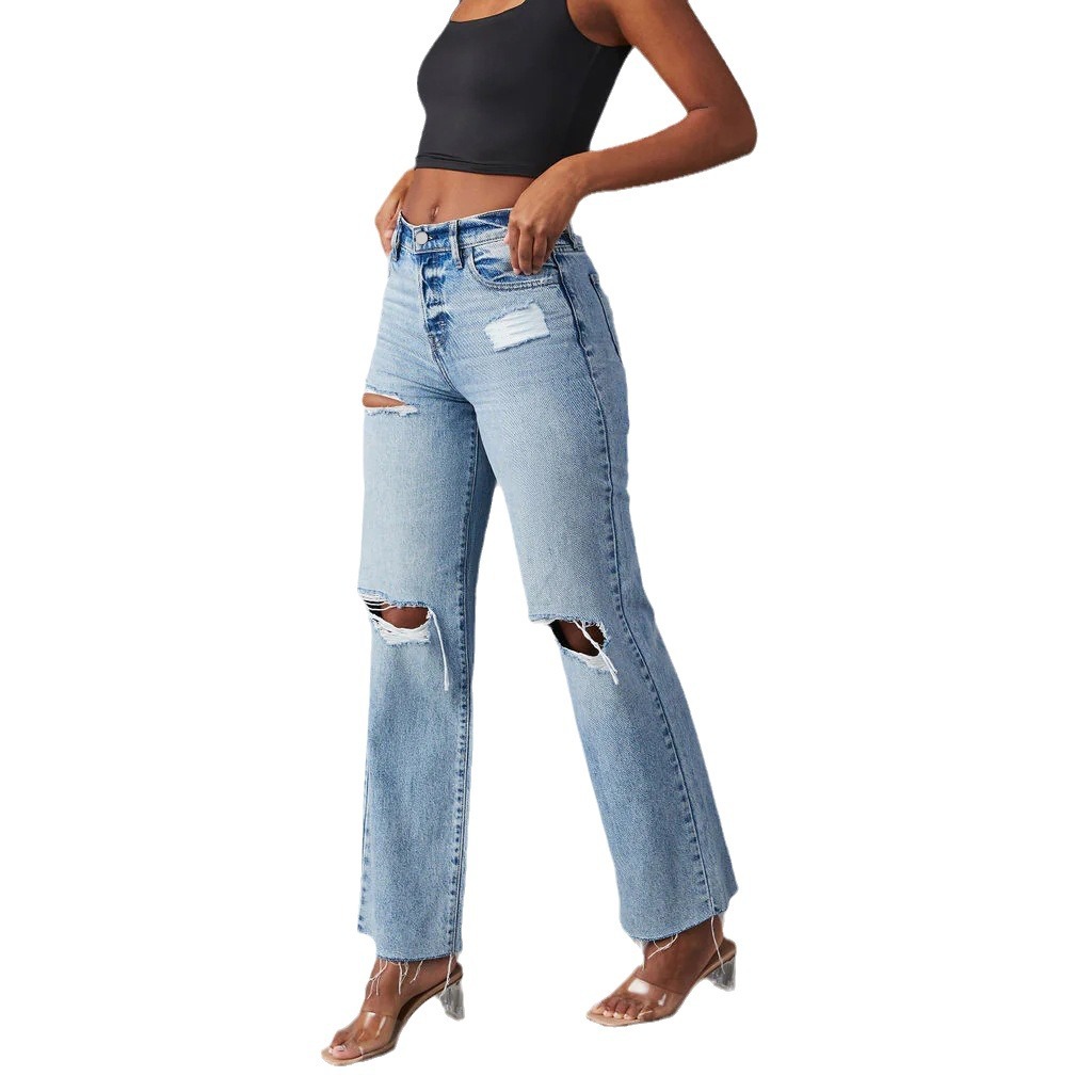 Xintang Jeans Women's 2024 New European and American Ripped High Waist Straight Jeans Washed and Ripped Fashion Jeans
