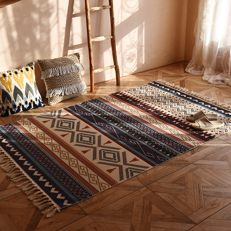 ins Bohemian Cotton and Linen Floor Mat Living Room Sofa Carpet Bedroom Bedside Foot Mat Long Tatami Mat Machine Washable
