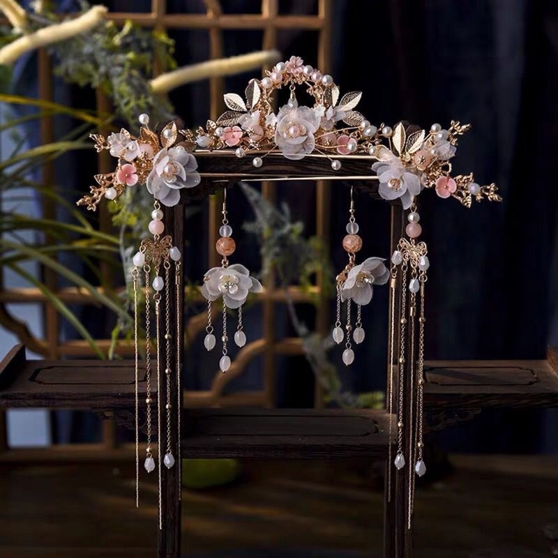 2024独立包装セットの髪の冠の女性の手作りの花の時代の金色の顔の小さい白水晶の漢服の装飾品|undefined