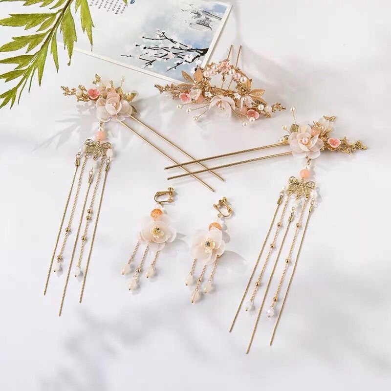 2024独立包装セットの髪の冠の女性の手作りの花の時代の金色の顔の小さい白水晶の漢服の装飾品|undefined