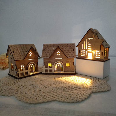 Cross-border Hot Sale Christmas Wooden Luminous Chalet Ornaments Small House Home Holiday Wooden Crafts Ornaments