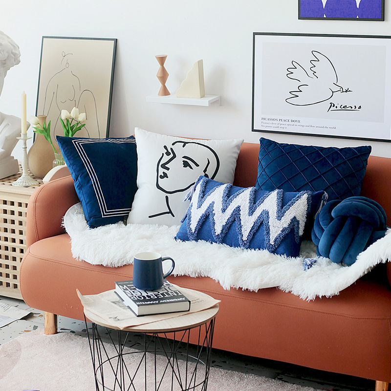 Pillow Case Light Luxury Modern Simple Light Luxury Sofa Velvet ins Bed Head Waist Pillow Cushion Homestay Blue