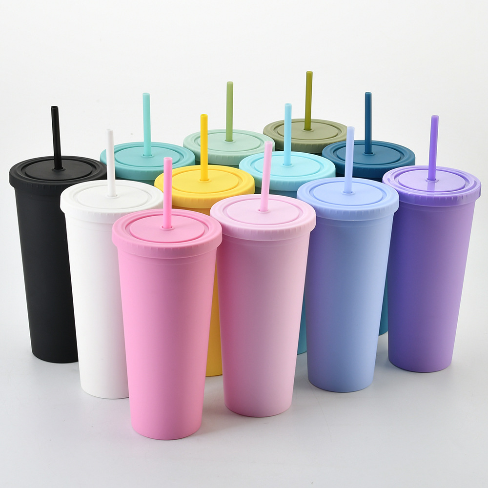 Double Layer Plastic Straw Cup Simple 24oz Large Capacity Water Cup Frosted Handy Customizable