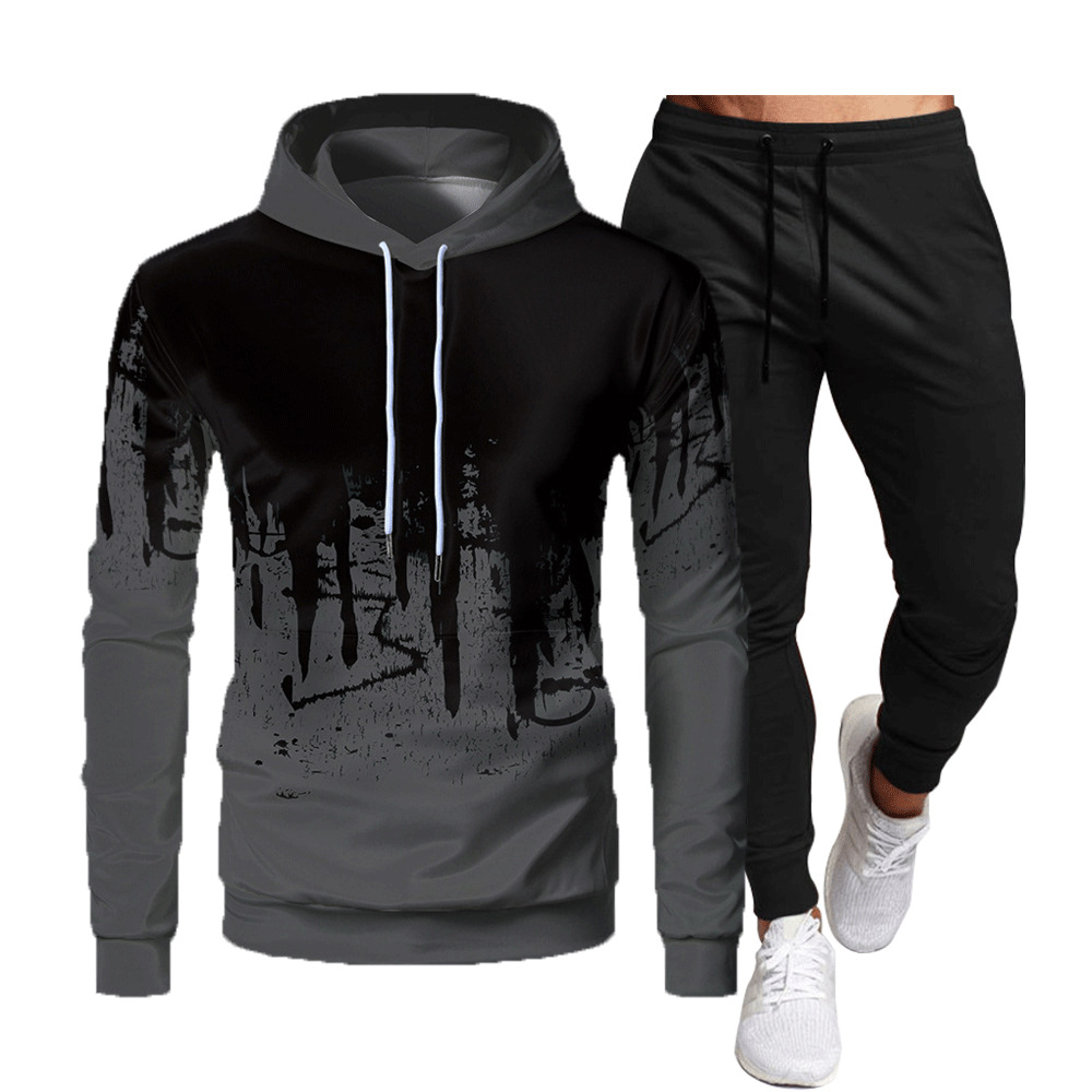 Crazy muscle men's sports casual hooded suit graffiti printing slim fit fashion simple OM cross-border suit