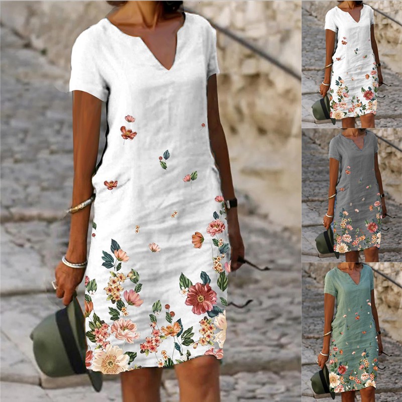 2023wish Amazon cross-border independent station hot flower printed cotton and linen short sleeve mid-length V-neck dress
