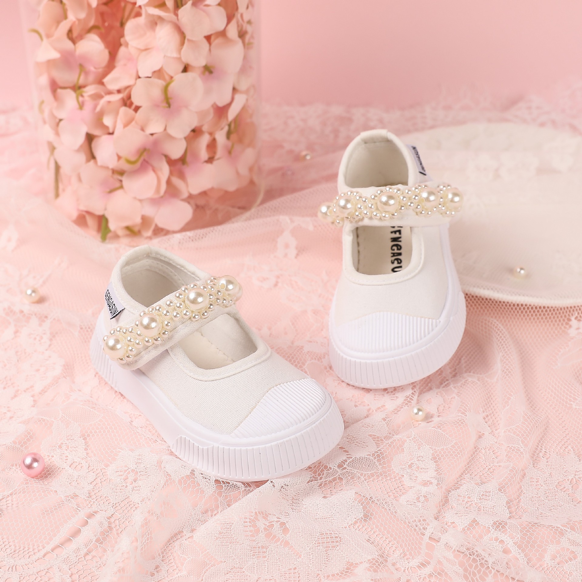 Children's Canvas Shoes European and American Pearl Princess Shoes Student Casual Biscuit Shoes Velcro Platform Mary Jane Women's Shoes