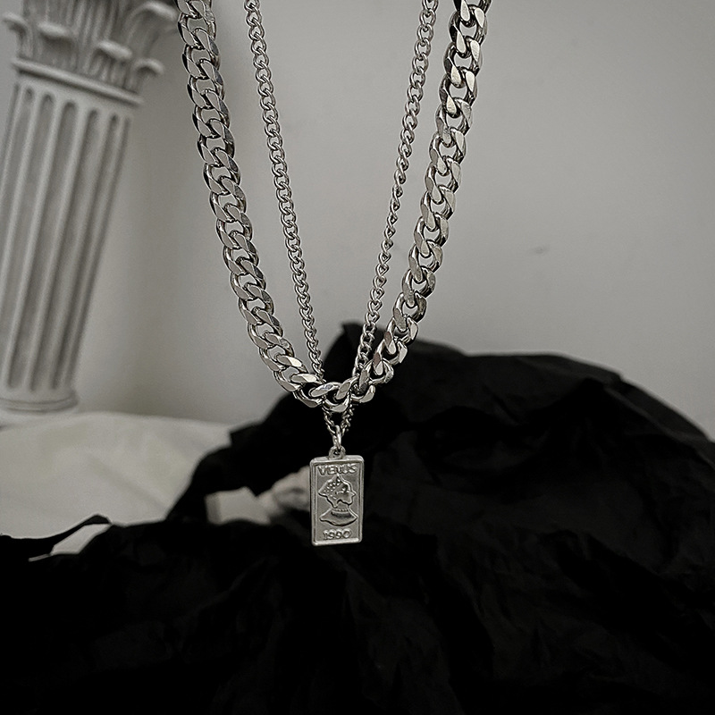 European and American Retro Titanium Steel Pendant Cuban Chain Men's Trendy Niche Design Sense Double Layer Hip Hop Necklace Sweater Chain Accessories