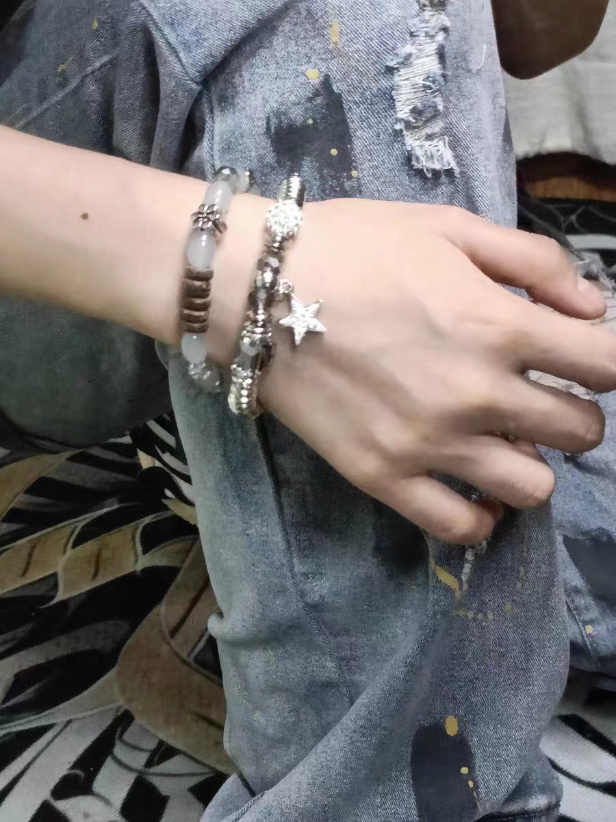韓國小眾手工串珠鈦鋼圓球情侶手鍊個性百搭復古多層手環彈力可調