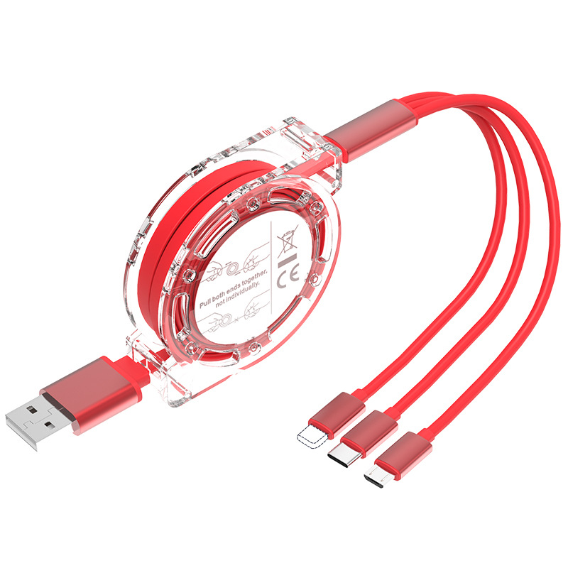 One drag three telescopic data cable to push gift manufacturers wholesale easy to receive mobile phone 3A fast charge three-in-one charging line