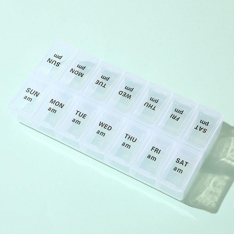 Cross-Border double-row 14-grid medicine box with Braille seven days a week morning and evening medicine sub-packaging storage small medicine box can be printed logo