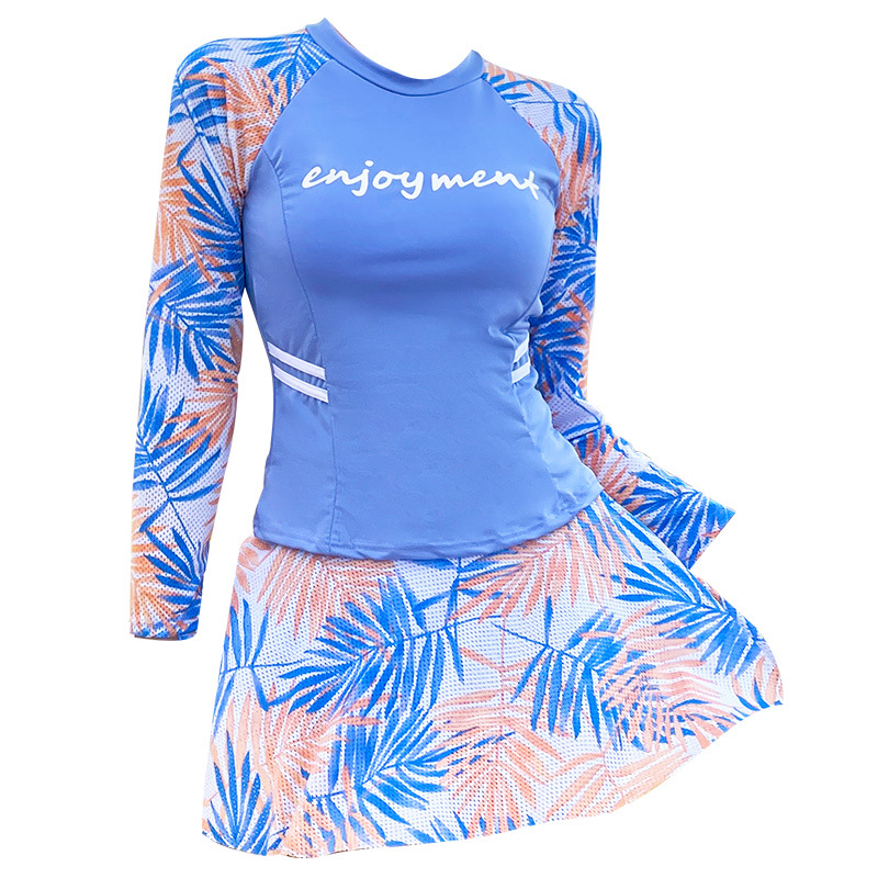 Women's One-piece Split Swimwear Set with Long Sleeve, Student Sport Style, Body-Slimming, Small Bust Shaping, Conservative Dress Design