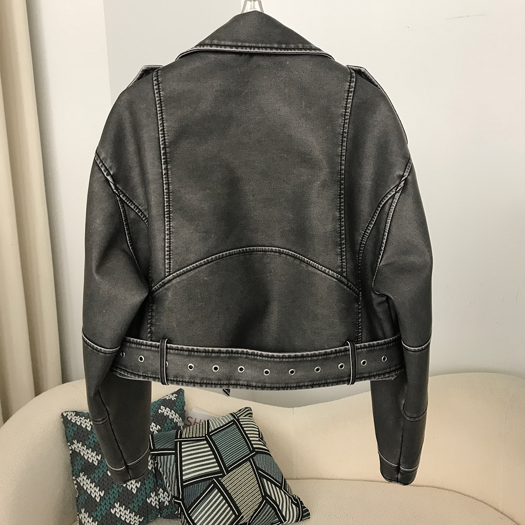 Women's Spring and Autumn Women's New Lapel Short Jacket Style Motorcycle Fashion Casual European and American Style Slim Leather Jacket