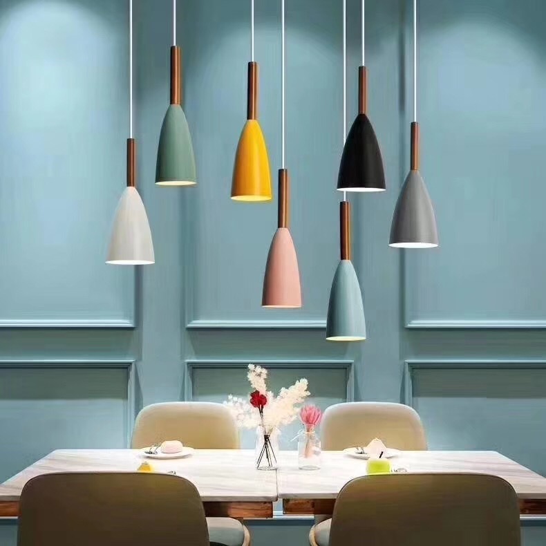 3 LED macaron color chandelier post-modern Nordic style gray white black iron wooden pole E27 restaurant chandelier