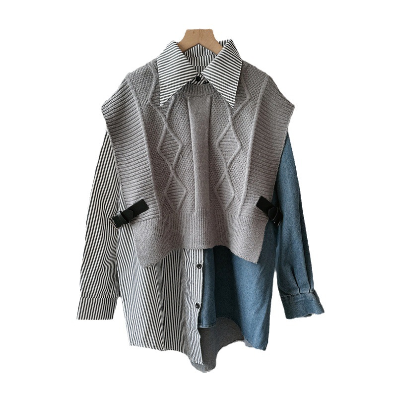 Design sense Denim stitching two-piece sweater for women 2023 autumn and winter New versatile slimming small knitted top