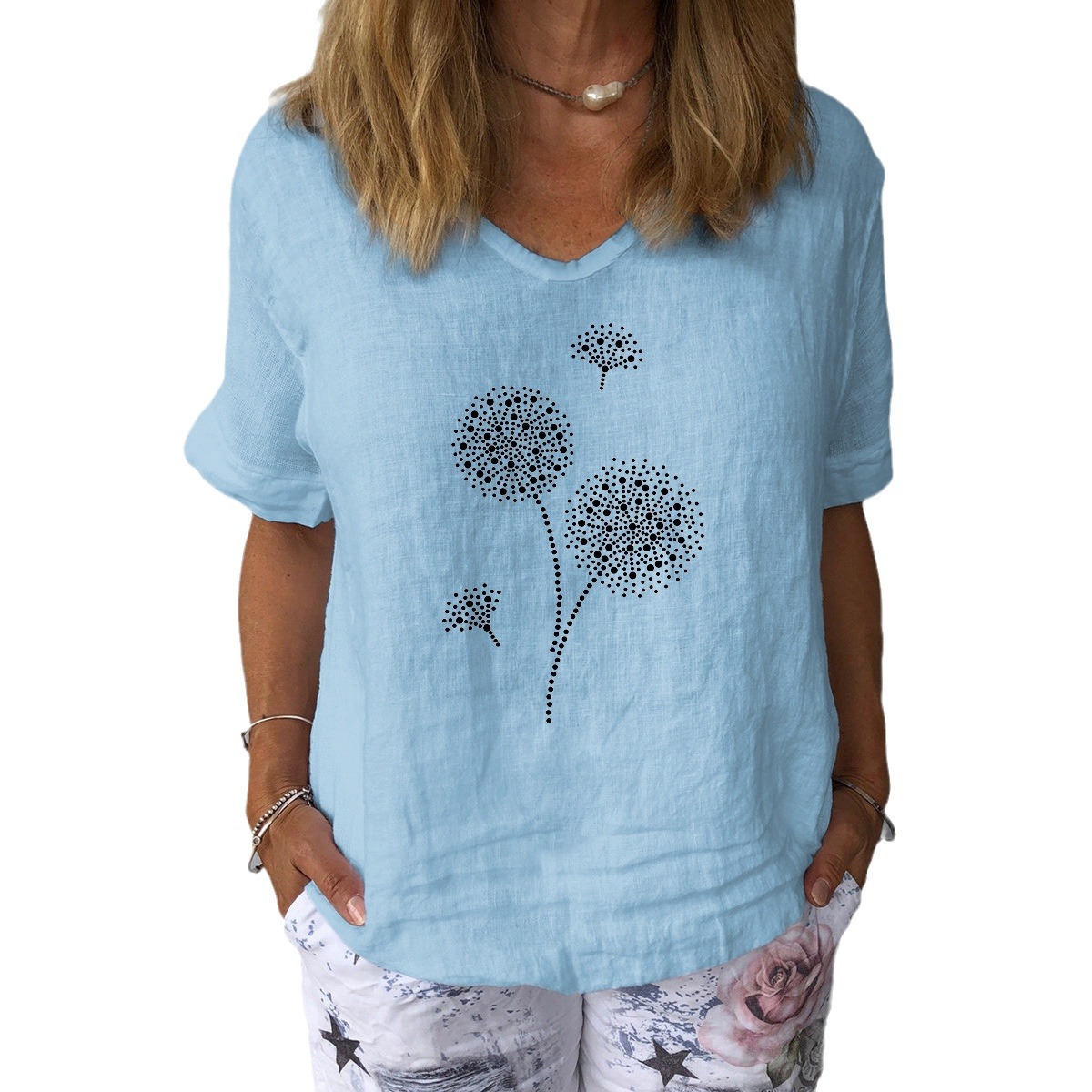 2023 Amazon Independent Station Europe and America Cross-border Best Selling Short-sleeved Cotton and Linen Loose Casual Pu Gongying Printed Top
