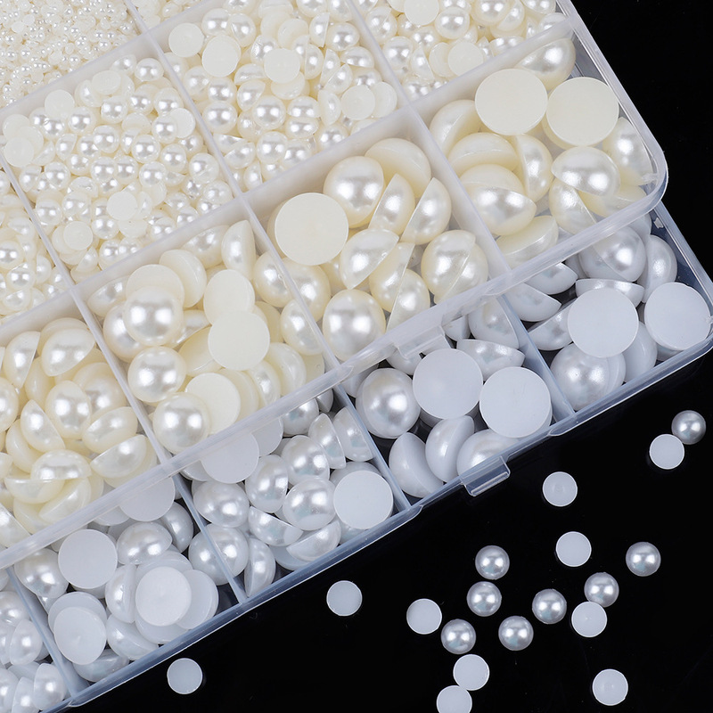 クロスボーダー箱入りミルクホワイト/ホワイト半円穴なし模造パールABSプラスチックフラットビーズdiyアクセサリー|undefined