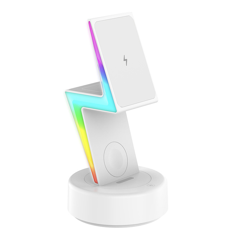 Cross-border new lightning magnetic three-in-one wireless charger RGB light for Apple mobile phone bracket wireless charger