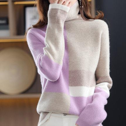 2023 Autumn and Winter New High Collar Color Matching Loose Lazy Style Knitted Sweater Warm Sweater Women's Inner Base Shirt Top
