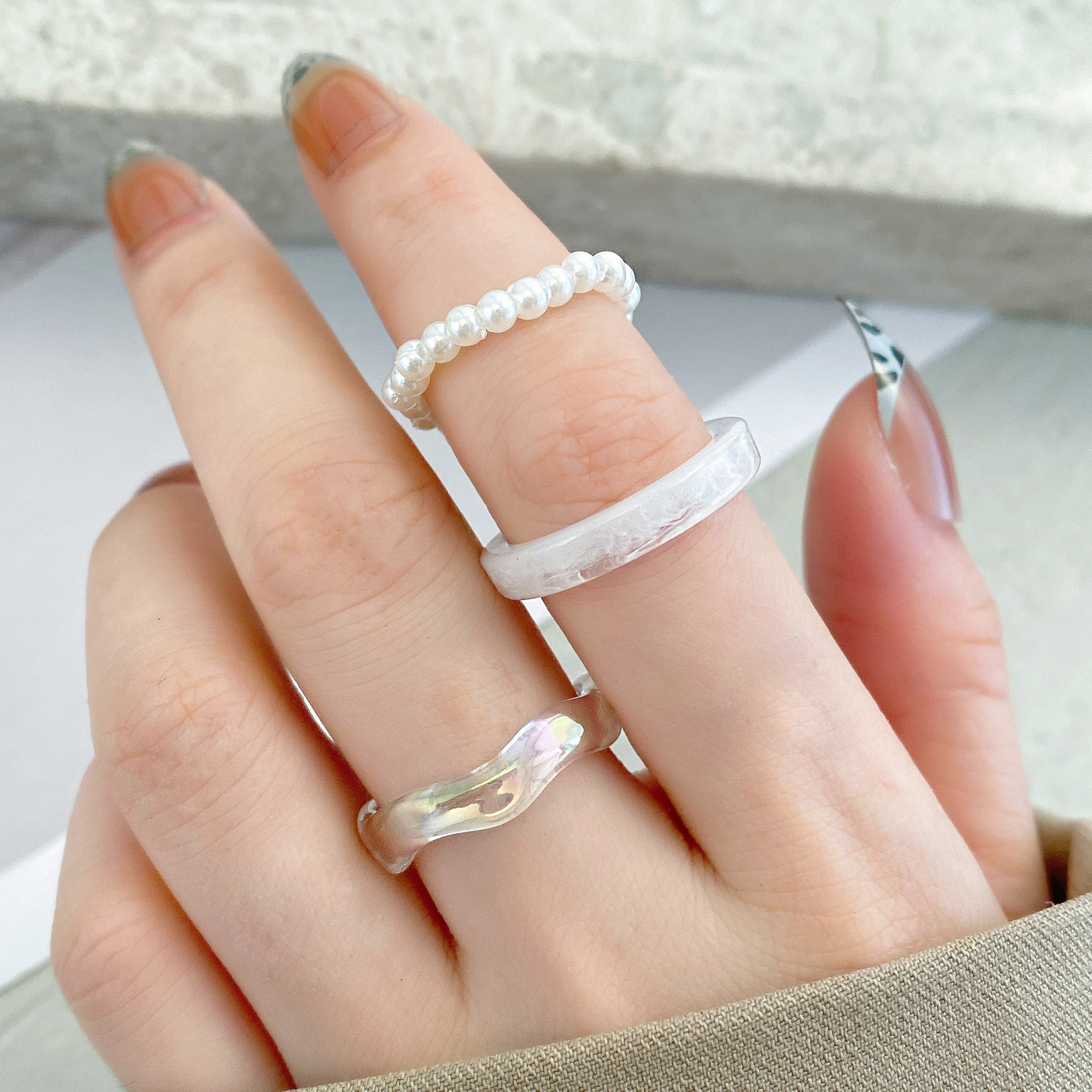 2022 Simple Resin Ring Plain Ring Pearl Ring Women's Niche High-grade Acrylic Ring Set 3-piece Set