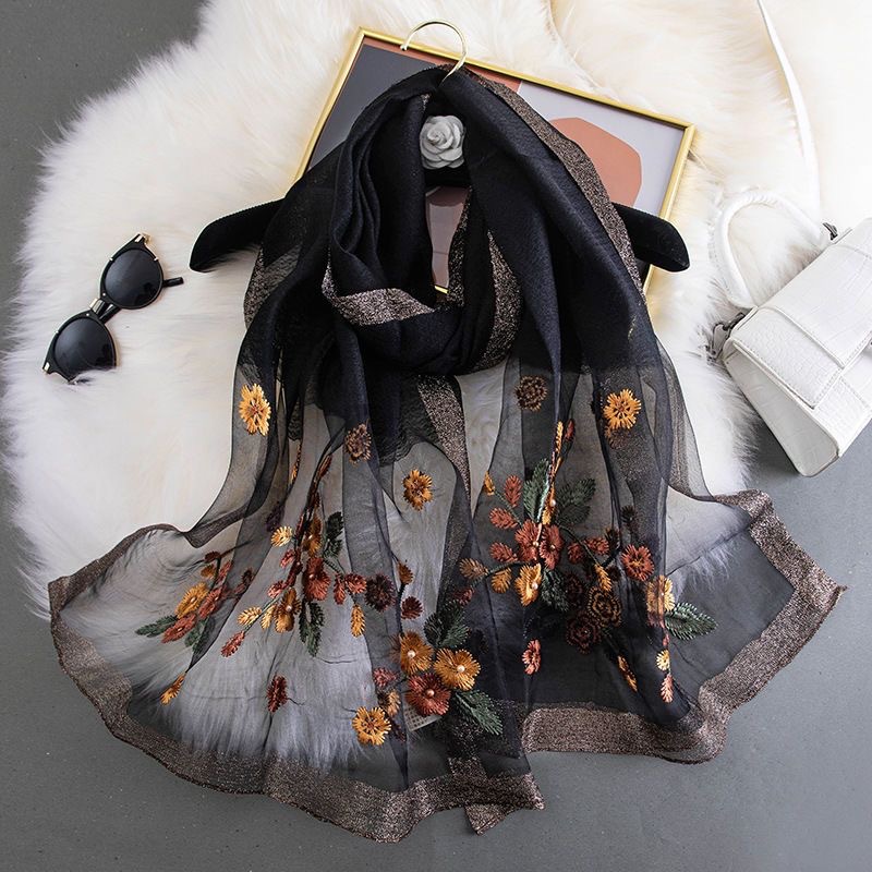 Silk scarf women's wool embroidered Begonia flower scarf long spring and autumn fashion middle-aged mom summer sun protection shawl
