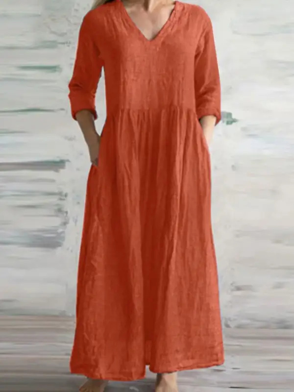 2023 foreign trade dress V-neck women's cross-border Women's cotton and linen dress pocket V-neck half sleeve pleated dress women