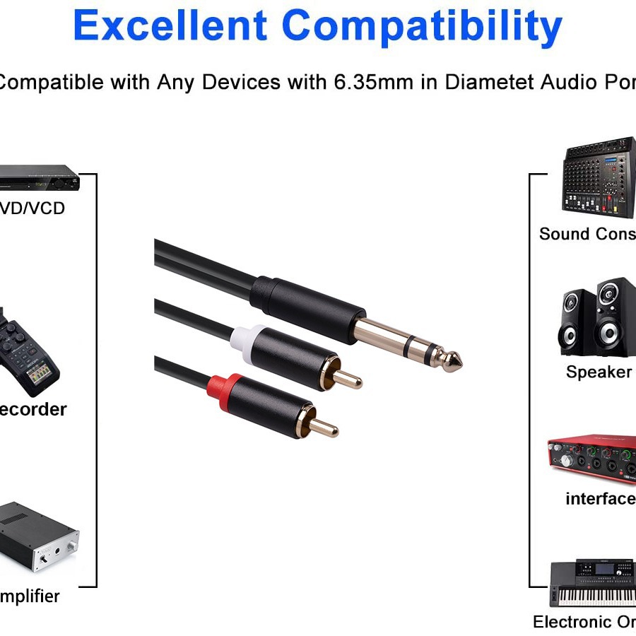 All-copper high-fidelity 6.35 male to double RCA male audio cable 6.5 to double Lotus 1/2 adapter