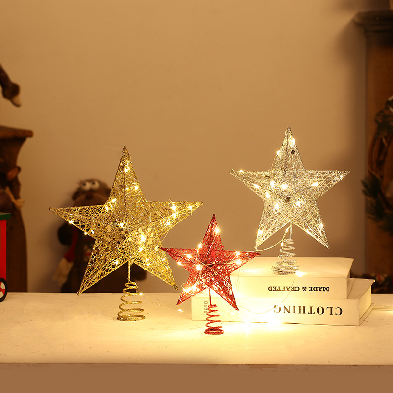 2024 Christmas tree top star powder with lamp iron five-pointed star Christmas decorations pendant ornaments ornaments