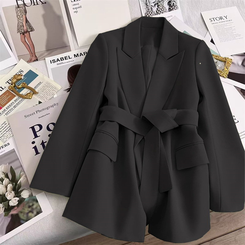 Black lace-up suit jacket for women 2024 autumn new design temperament Korean style casual trendy suit for women