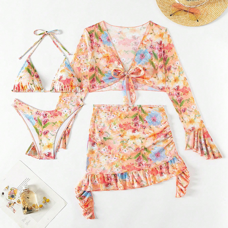 Amazon swimsuit 2024 new European and American printed trendy beach skirt bikini four-piece swimsuit for women