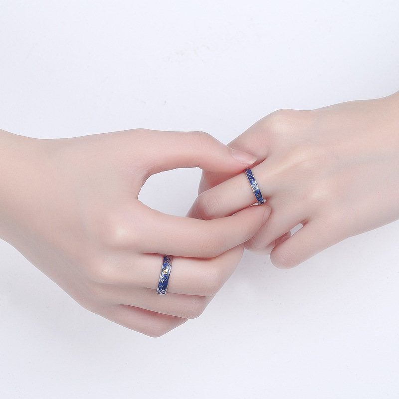 Zilveren paarring Van Gogh's sterring Niche ins ontwerp Emaille ambacht Open ring Ring Live_voghion.com