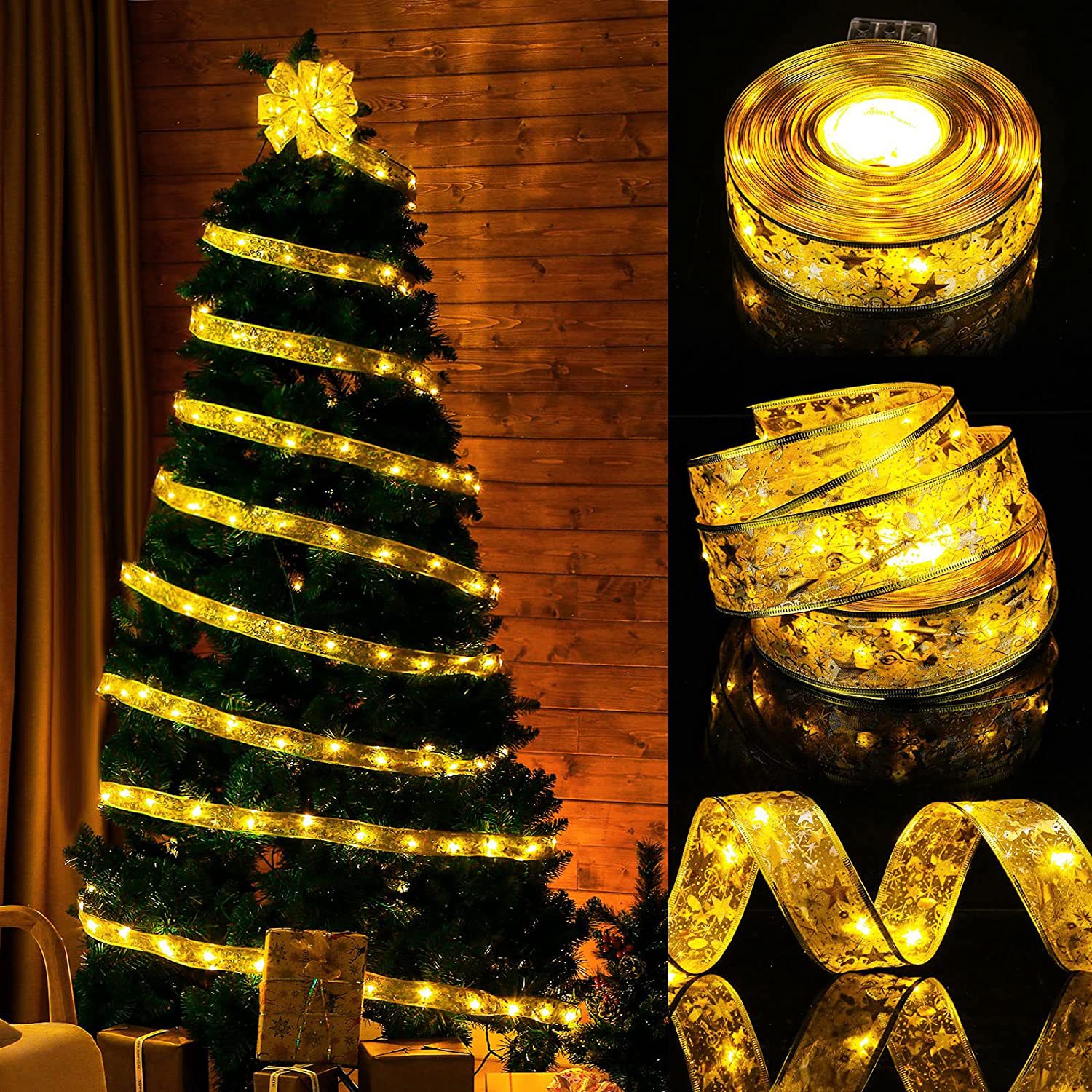 Ribbon string lights led Christmas tree decorative lights festive atmosphere colored lights double bronzing satin ribbon copper wire lights