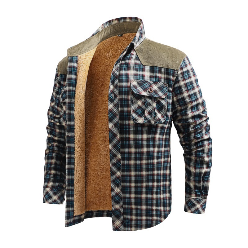 Cross-border factory foreign trade Amazon fleece-lined thickened shirt cotton plaid casual tooling European size foreign trade coat